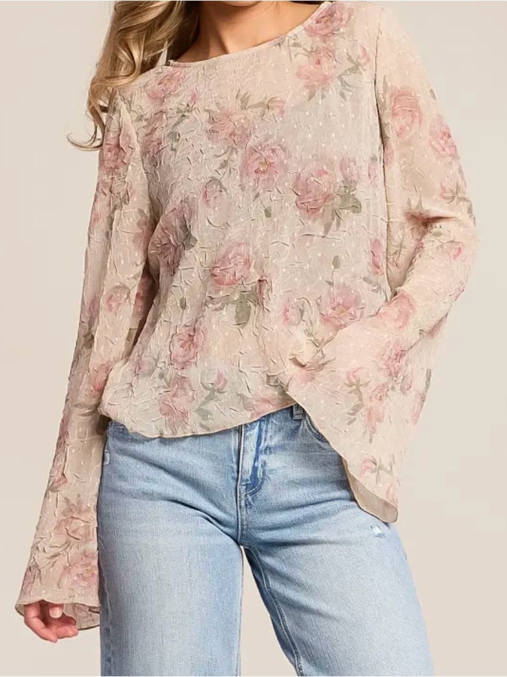 Buckle Pink Floral Sheer Bell-Sleeve Blouse - Picture 3 of 4